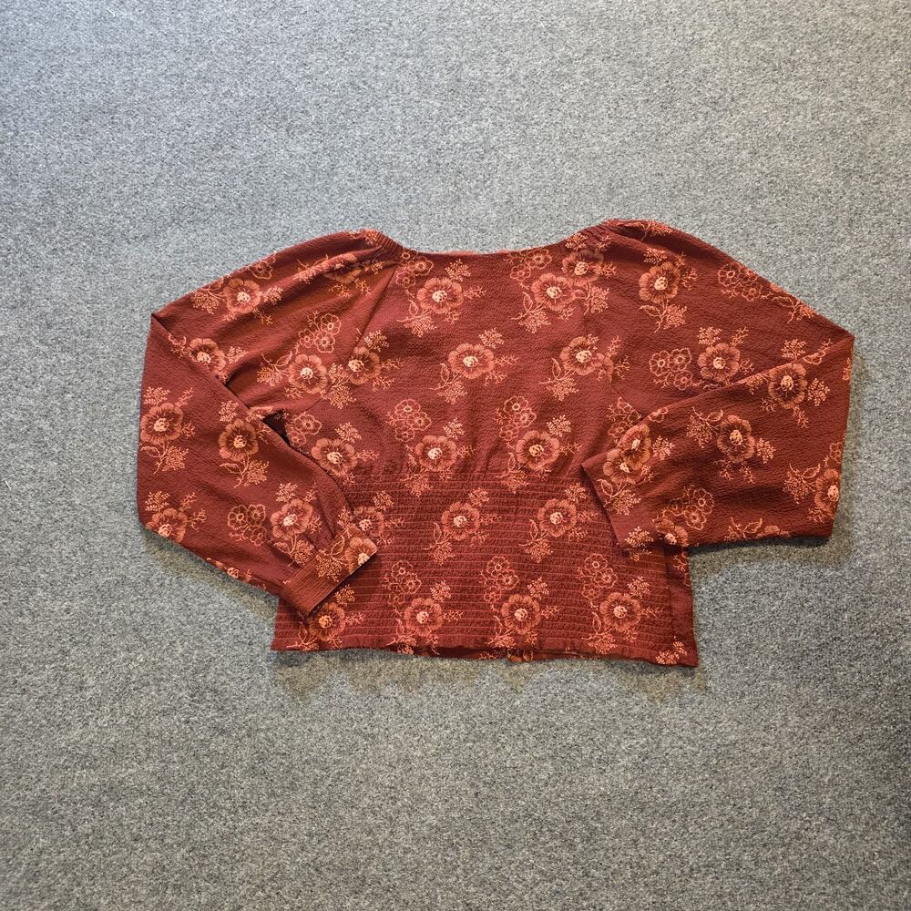 Madewell Top Womens Size XL Orange Floral Cropped Peasant Smocked V Neck Casual - Picture 8 of 9